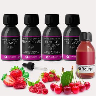 Geschenkpackung 4 natürliche Aromen rote Früchte 50 ml, roter Farbstoff 30 ml + 1 kostenlose Pipette | Neroliane